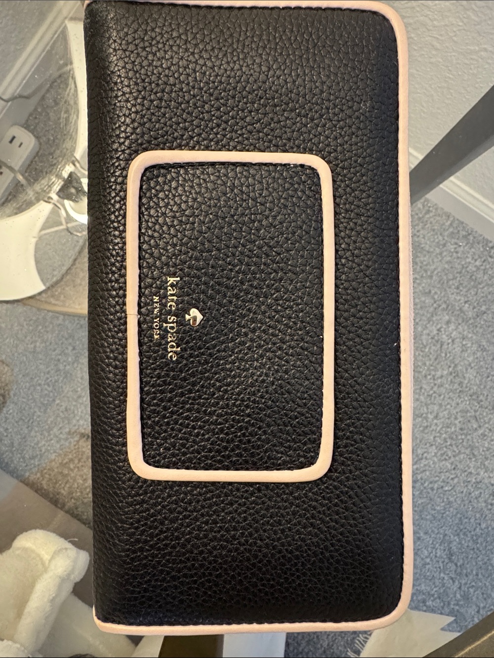 kate spade Black Pebbled Leather Zip Wallet with Light Pink Trim